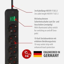 Eco-, 10'lu Çoklu Priz (Yüksek Temas Korumalı, Şalter ve 3 M Kablolu) Siyah