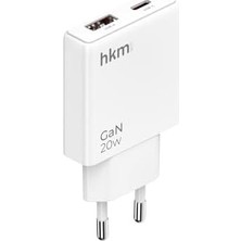 Hkm Tech Extra Slım Gan 20W Usb-A ve Type-C Çift Portlu Hızlı Şarj Aleti, Ultra Ince Güç Adaptörü, Beyaz
