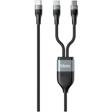 Hkm Tech Duo Power 100W Çift Uçlu, Type-C To Type-C + Type-C Şarj Kablosu, Örgü Tasarım, 1.2 Metre, Siyah
