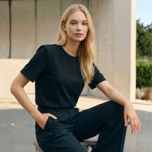 Poupee Vatkalı Siyah T-Shirt, Omzu Vatkalı Kadın T-Shirt, Pamuklu Penye T-Shirt