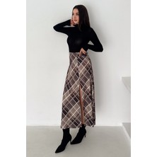 Noa Noa Kadın Yırtmaç Detaylı Ekose Uzun Etek – Slit Plaid