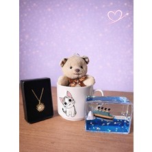 PremiumPort Sevgiliye ve Arkadaşa Özel, Şık Ayıcık Anahtarlık, Kedili Kupa, Çiçek Kolye ve Gemi Seti