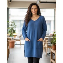 Genel Yumuşak Dokulu Çift Cepli V Yaka Triko Tunik Elbise