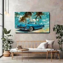 Vintage Mavi Klasik Araba Kanvas Tablo – Tropikal Duvar Dekoru