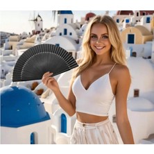 PremiumPort El Yapımı Siyah Bambu Baskılı Yelpek ve Hediye Kese Seti