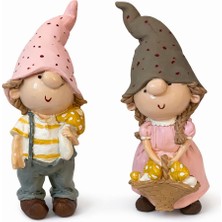 Yedi Cüceler El Sanatları El Yapımı Cüce Çocuk Figür Biblo Seti - El Boyaması Kız- Erkek Pembe-Gri (18CM)