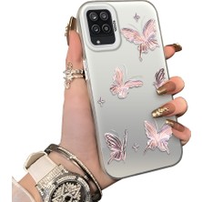 Ucuc Samsung Galaxy A12/M12 Uyumlu Silikon Kenar Sert Arka Anti Düşme Kılıfı Kelebek Desenli