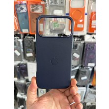 Elixem İphone 17 Pro Max Uyumlu Lacivert İçi Kadife Logolu Deri Gizli Magsafe Sert Kılıf