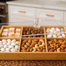 Kirazev 6 Bölmeli Bambu Çerezlik Şeffaf Akrilik Kapaklı Sunumluk Saklama Kutusu Mutfak Takı Organizeri