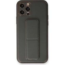 Huly  iPhone 12 Pro Kılıf Coco Deri Standlı Kapak - Füme Hub