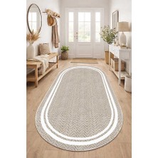 Qatalina Makinede Yıkanabilir Kaymaz Taban Leke Tutmaz Dijital Oval Mutfak Halısı Salon Halısı ve Yolluk - Bej Oval