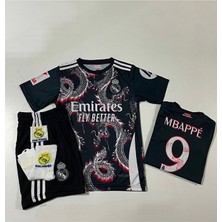 R. Madridd 2024/25 Sezon Dragon Desenli Kylian Mbappe Çocuk Forma 4'lü Set (Arma-Black-Red)