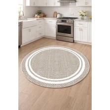 Qatalina Makinede Yıkanabilir Kaymaz Taban Leke Tutmaz Dijital Yuvarlak Mutfak Halısı ve Salon Halısı - Bej Yuvarlak