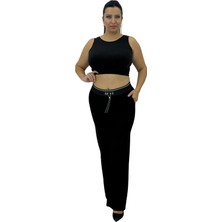 Carmito Büyük Beden Yüksek Bel Toparlayıcı Lastikli Kemer Detaylı Bol Paça Örme Kadın Pantolon