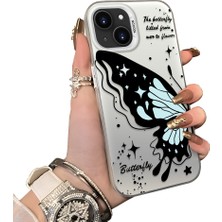 Ucuc iPhone 15 Uyumlu Sert Akrilik Arka Silikon Kenar Lens Koruma Kılıf Kelebek Deseni