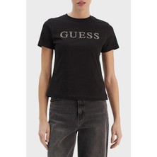 Guess Taşlı Logolu Pamuklu Slim Fit Bisiklet Yaka T Shirt V6RI20J1314 Bayan T Shirt V6RI20 J1314 Jblk