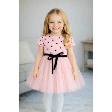 Şirin Şeyler Butiği Linda Kısa Kol Kız Çocuk Prenses Kabarık Toz Pembe Elbise Puantiyeli Esnek Likralı Tütülü Elbise Bayramlık Hediyelik