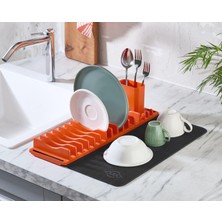 MHT Su Emici Matlı Tezgah Üstü Büyük Boy 3 Parça Bulaşıklık Seti Kurutma Matı Gri-Turuncu