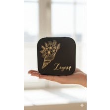 Dkare Kişiye Özel Takı Kutusu - Gold Deniz Kabuğu Desenli Kahverengi Fermuarlı Mücevher Çantası