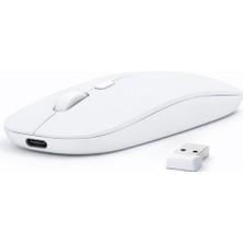 Sneezy Laptop İçin İnce Kablosuz Mouse Bluetooth Bağlantı Şarjlı Batarya USB Alıcılı Taşınabilir Tasarım - Beyaz
