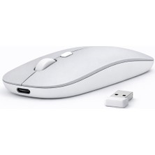 Sneezy Laptop İçin İnce Kablosuz Mouse Bluetooth Bağlantı Şarjlı Batarya USB Alıcılı Taşınabilir Tasarım - Gümüş