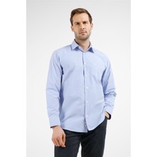 İmza Mavi - Beyaz Kareli Desen Sert Yaka Uzun Kol Cepli Comfort Fit Pamuklu Gömlek 1004255207