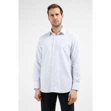 İmza Beyaz-Mavi Çizgili Desen Sert Yaka Uzun Kol Cepli Comfort Fit Pamuklu Gömlek 1004255278