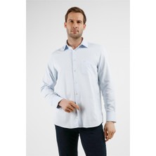 İmza Mavi Çizgili Desen Sert Yaka Uzun Kol Cepli Comfort Fit Pamuklu Gömlek 1004255268