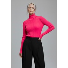 Hira Nova Moda Kadın Fuşya Pembe Boğazlı Slim Fit Kışlık Triko Kazak - Yumuşak Dokulu Esnek Bluz