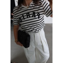 Özge Özgenç Çizgili Paris Baskılı Tshirt