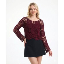 Sibel Günay Butik Kadın Pamuklu Örme Dantel File Bordo Bluz