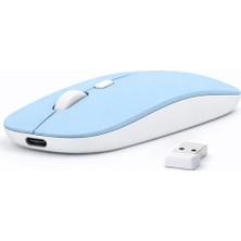 Sneezy Laptop Için Ince Kablosuz Mouse Bluetooth Bağlantı Şarjlı Batarya USB Alıcılı Taşınabilir Tasarım Mavi