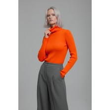 Hira Nova Moda Kadın Turuncu Tam Boğazlı Fitilli Triko Kazak - Yumuşak Dokulu Esnek Örme Bluz