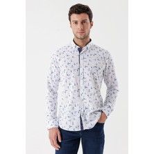 İmza Beyaz Uzun Kollu Baskılı Bez Ayağı Cepsiz Garnili Klasik Slim Fit Dar Kesim Gömlek 1004230230