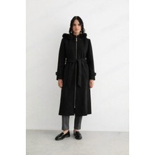 Doque ANA-57035 Önden Fermuarlı Kapişonu Kürk Detaylı Kaşe Kaban #12-25#