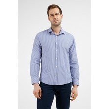 İmza Lacivert - Beyaz Çizgili Desen İtalyan Yaka Uzun Kol Cepsiz Slim Fit Pamuklu Gömlek 1004255217