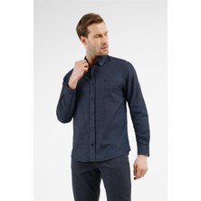 İmza Lacivert - Mavi Düğmeli Yaka Uzun Kol Cepsiz Slim Fit Pamuklu Gömlek 1004255233