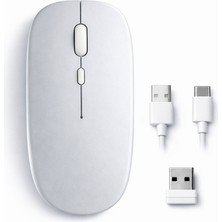 Sneezy Mac iPad PC Tablet Uyumlu Mouse Şarjlı Batarya Sessiz Tıklama USB Dongle ve Kablo Dahil - Gümüş