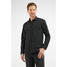 İmza Siyah - Beyaz Kendinden Desenli Sert Yaka Uzun Kol Cepsiz Slim Fit Pamuklu Gömlek 1004255216