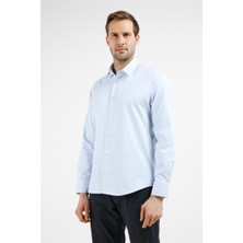 İmza Mavi Kendinden Desenli Sert Yaka Uzun Kol Cepsiz Slim Fit Pamuklu Gömlek 1004255229