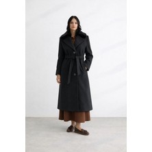 Doque 57037 Önden Düğmeli Kravuze Yaka Yakası Tüylü Beli Kuşaklı Düğmeli Kaban #12-25#