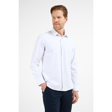 İmza Beyaz - Mavi Kendinden Desenli Sert Yaka Uzun Kol Cepsiz Slim Fit Pamuklu Gömlek 1004255216