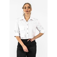 By Özlem Yazan Ön Pilise Detaylı Cepli Crop Kadın Gömlek