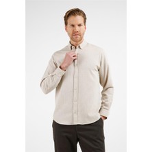 İmza Bej - Taba Düğmeli Yaka Uzun Kol Cepsiz Slim Fit Pamuklu Gömlek 1004255233