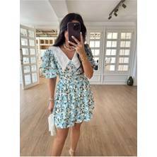 Meecy Çiçek Desenli Bebe Yaka Lılıum Poplin Elbise