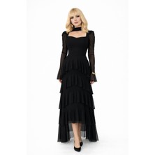 GILLA'S QUEEN Kadın Siyah Kalp Yaka Tül Şal Detaylı Abiye Sevgililer Günü Elbise