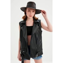 Meecy Kadın Siyah Deri Biker Oversize Yelek