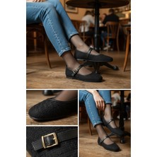 Marco Black Kadın Siyah Tüvit Kumaş Rahat Günlük Konforlu Düz Taban Klasik Trend Atkılı Babet