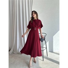 Meecy Kemer Detaylı Midi Elbise Bordo Renk Elbise