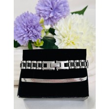 Roya Happiness Sevgililer Günü Özel Erkek Arkadaşa Hediye Harfli Isimli Çelik Kararmaz Rolex Model Set Siyah Gümüş Renk